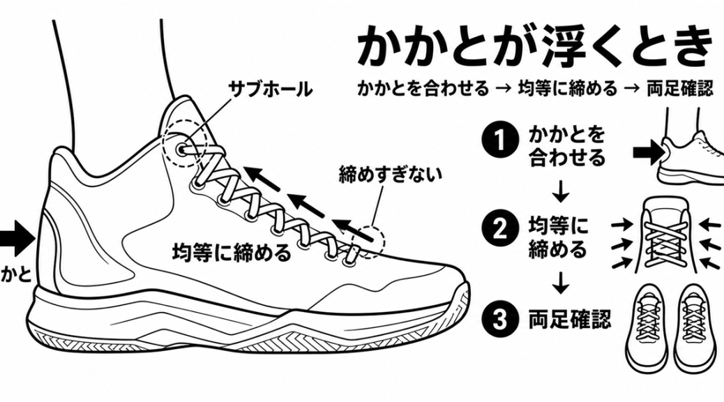 バスケットボールシューズのかかとをヒールカウンターに合わせ、前足部から左右均等に靴ひもを締める図。最上段のサブホールにループを作る位置も示す。