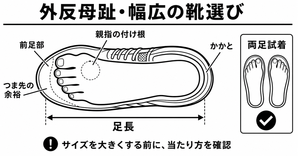 外反母趾・幅広の足に向けて、前足部と親指の付け根の余裕を確認するチェックポイントを示した図