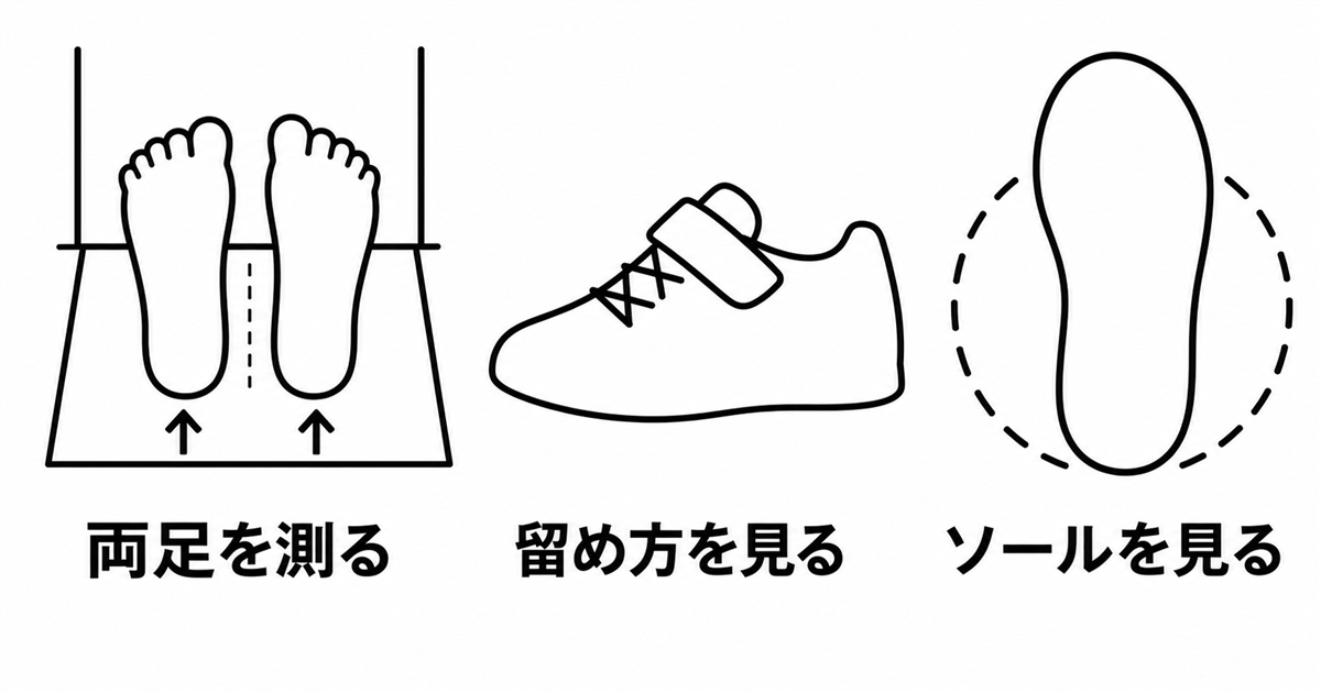 ジュニア用ハンドボールシューズを選ぶ前に、紙で足長を測り、留め方とソールの位置を確認する白黒の線画