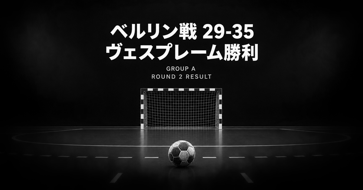 EHF男子CL第2節でヴェスプレームがベルリンを35-29で下しグループA首位に立ったことを示す黒白デザインの結果画像